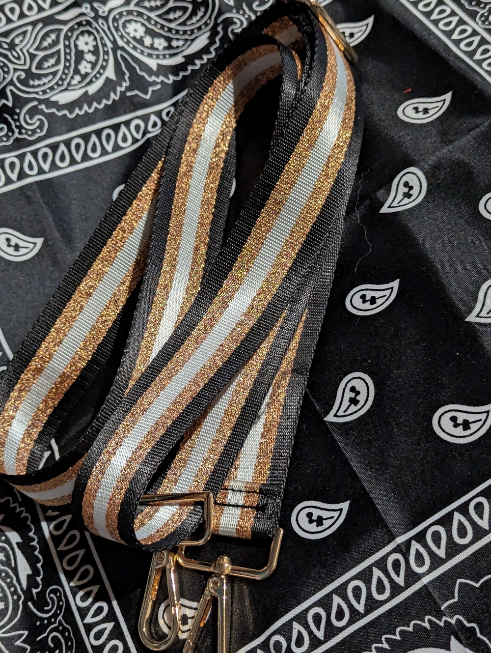 Striped Black, Gold & White Bag Strap Adjustable